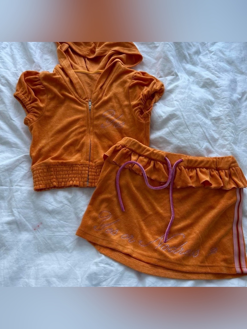 Nodress Orange Velour Cotton-Terry Zip-Up Ruffled Set.
